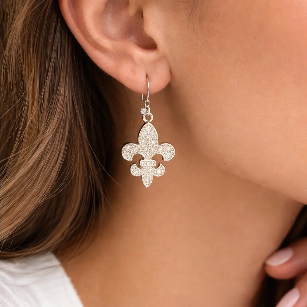 Elegant Silver Tone and Rhinestone Fleur-de-Lis Drop Earrings - Picture 2 of 3